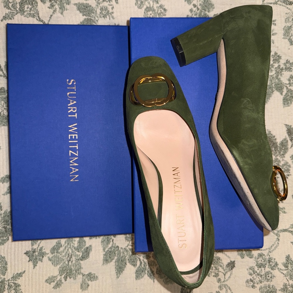 Stuart Weitzman Green Suede Block Heel Pumps with Gold Buckle